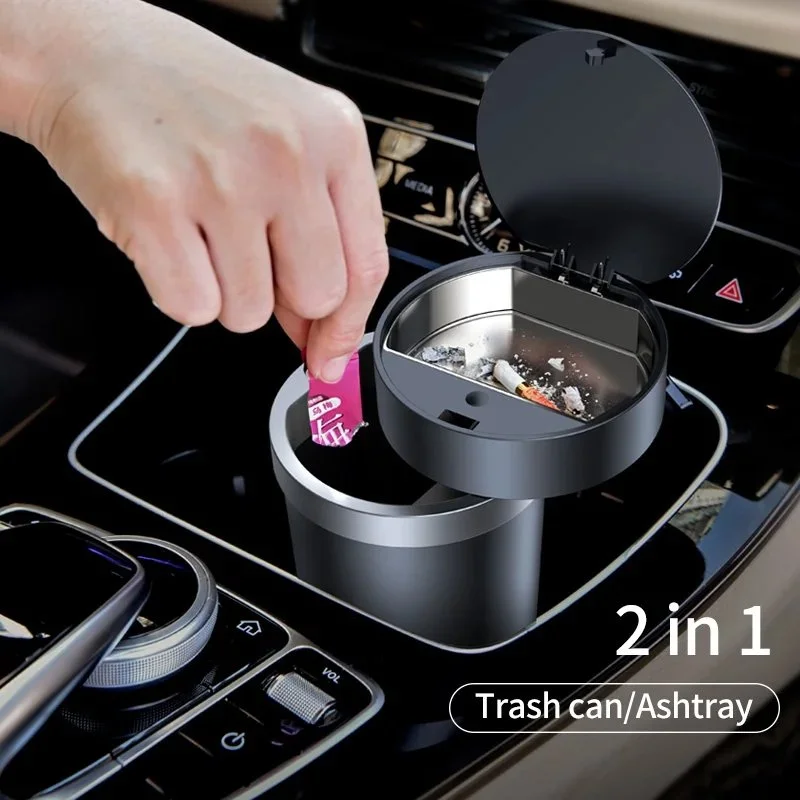2-in-1 Portable Car Trash Bin & Ashtray with Lid and Garbage Bags