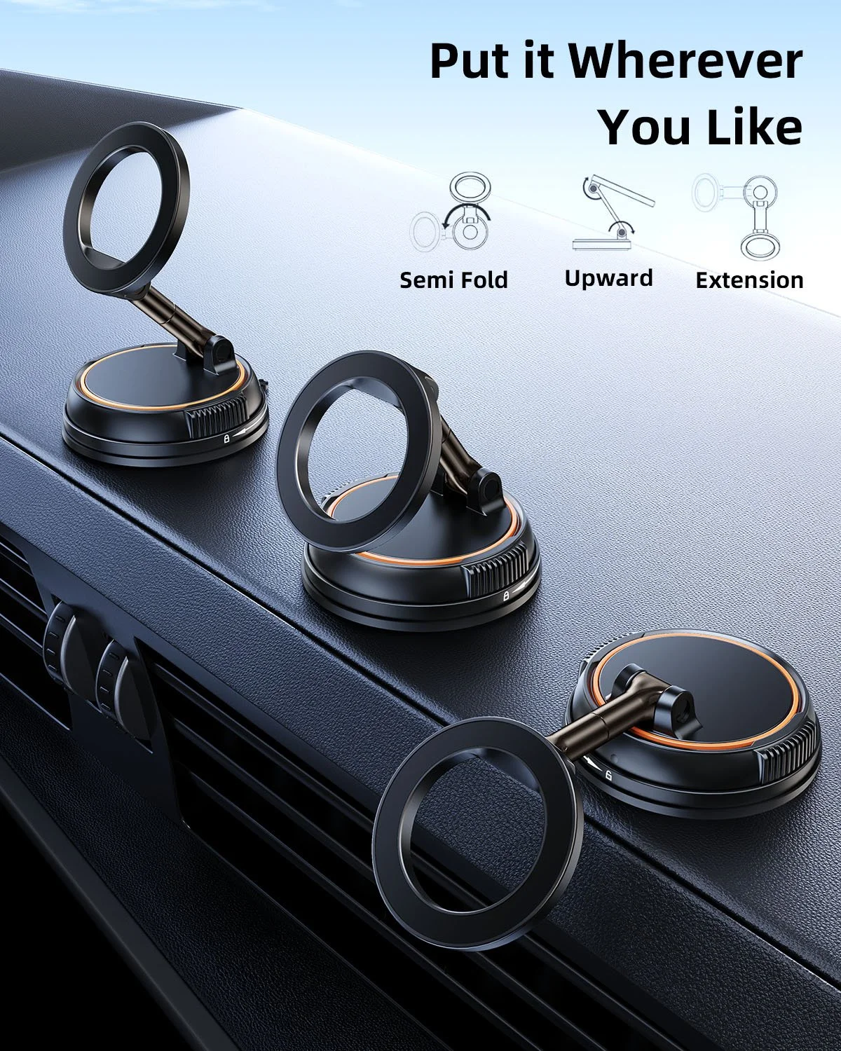 Foldable Magnetic Car Phone Holder with 360° Adjustable Suction Cup Mount