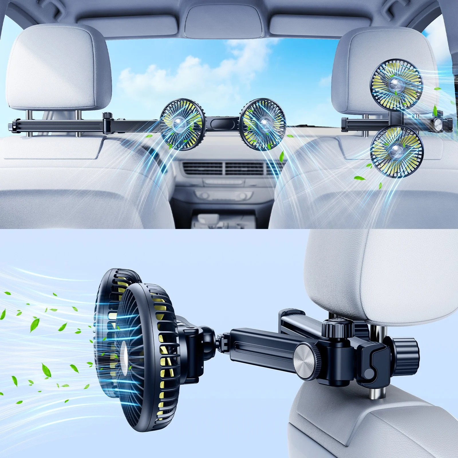 Dual-Head 360° Car Headrest Cooling Fan with Adjustable Arm and 3-Speed Airflow