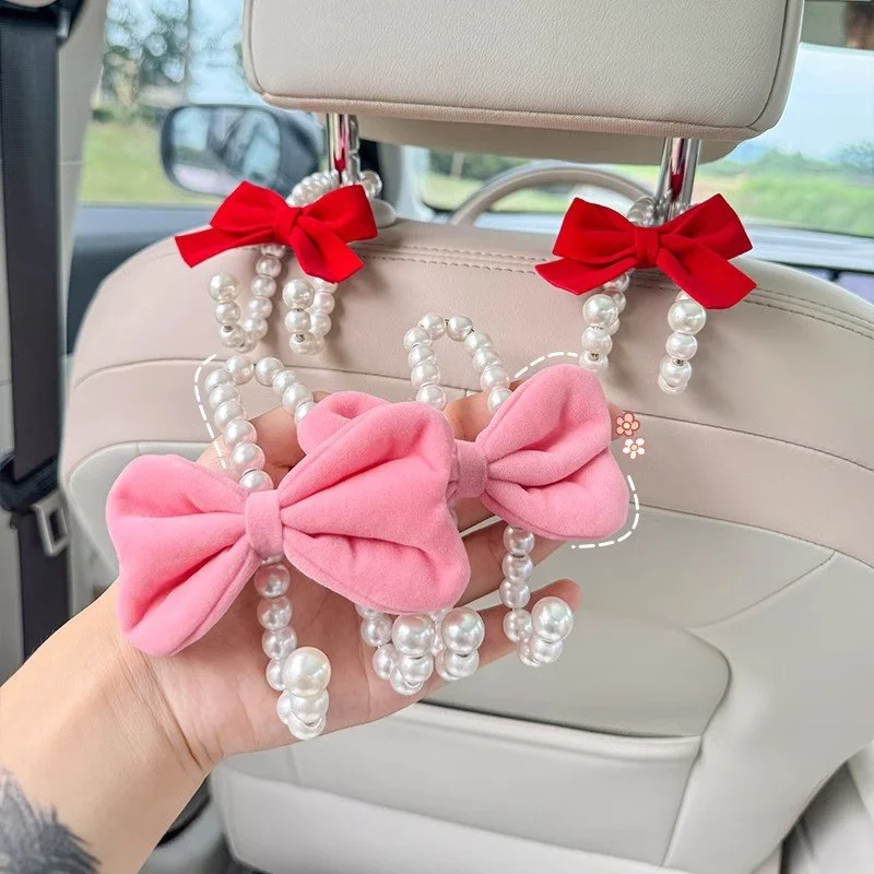 2pcs Pearl Bow Car Seat Hooks – Cute White Hangers for Headrest Storage