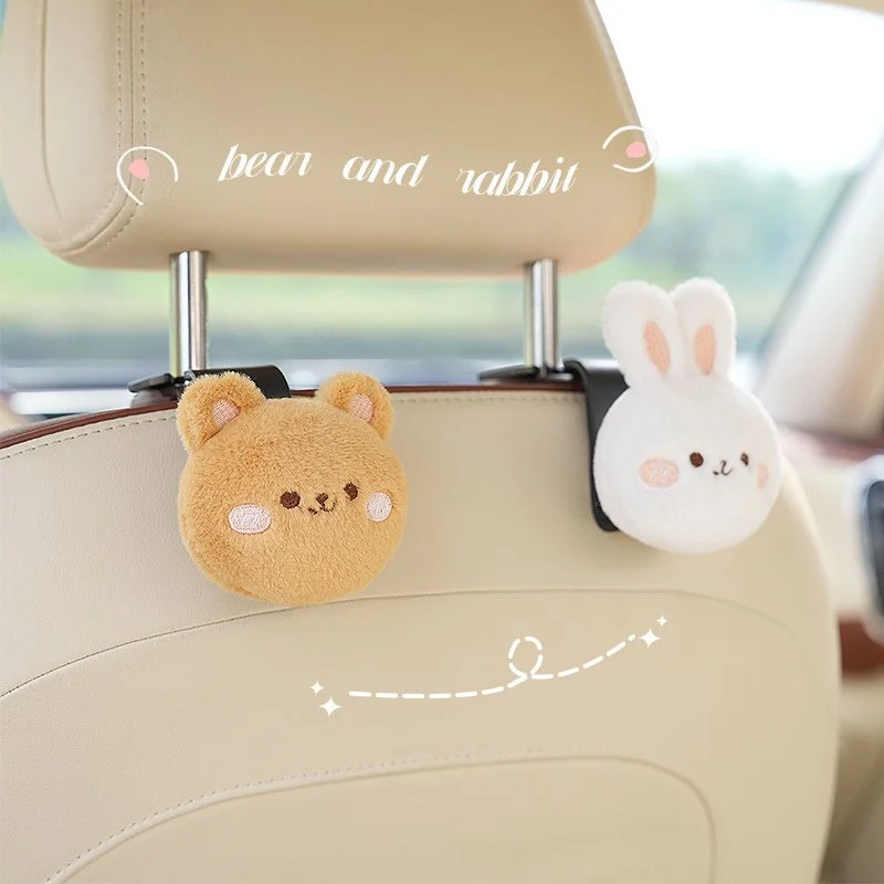 2pcs Cute Bear & Rabbit Car Seat Headrest Hooks for Bags, Clothes & More