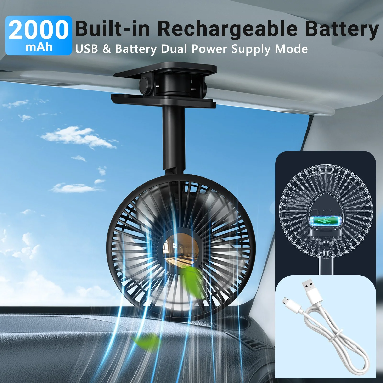 USB Rechargeable Car Fan with RGB Light & 360° Auto Oscillation