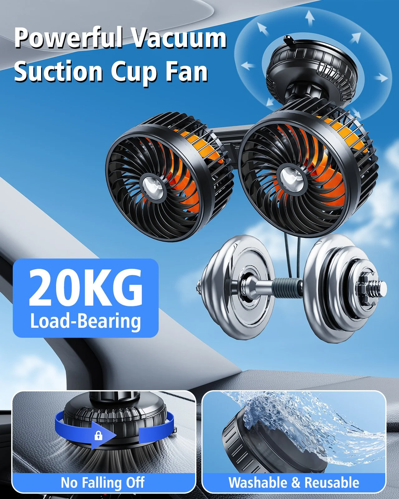 Dual-Head 360° Car Fan with Suction Cup & Rechargeable 4000mAh Battery