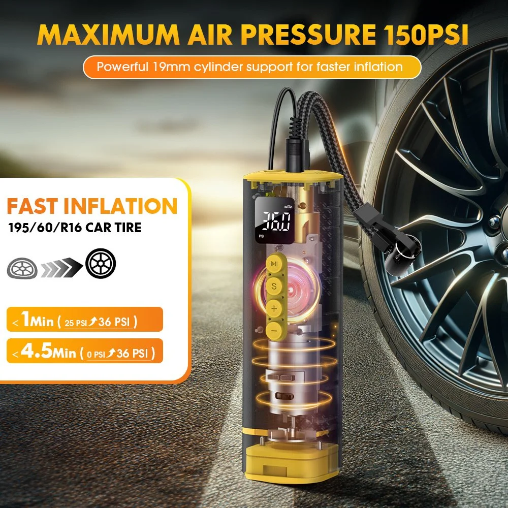 Portable 12V 150PSI Car Tire Inflator with LED Display & Extended Power Cord