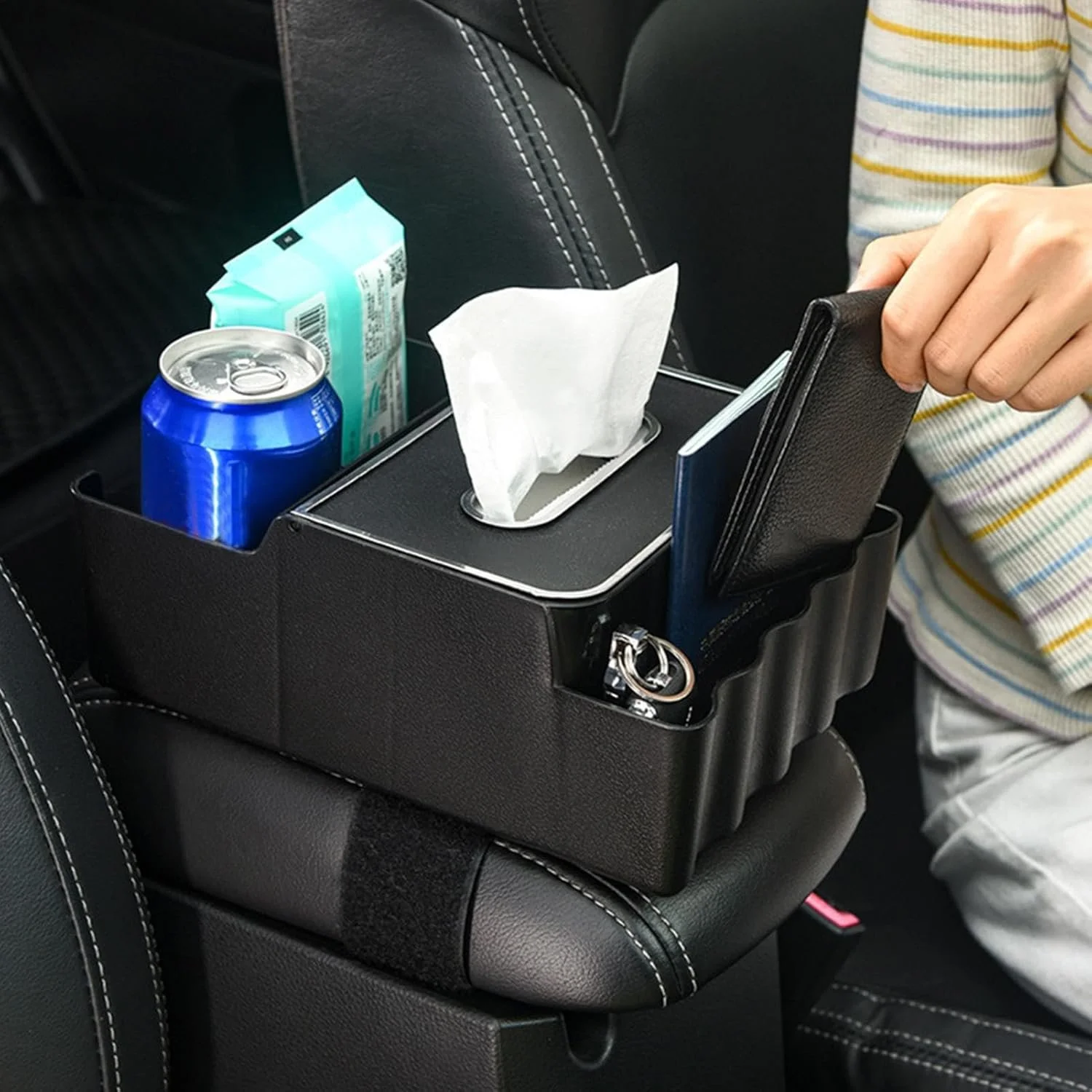 Multifunctional Car Armrest Console Organizer with Tissue and Cup Holder
