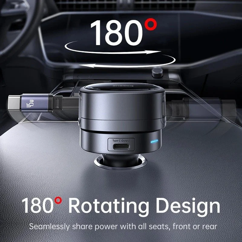 60W Car Charger with Retractable Cable, Fast Charging, 3 Ports, 180° Rotation