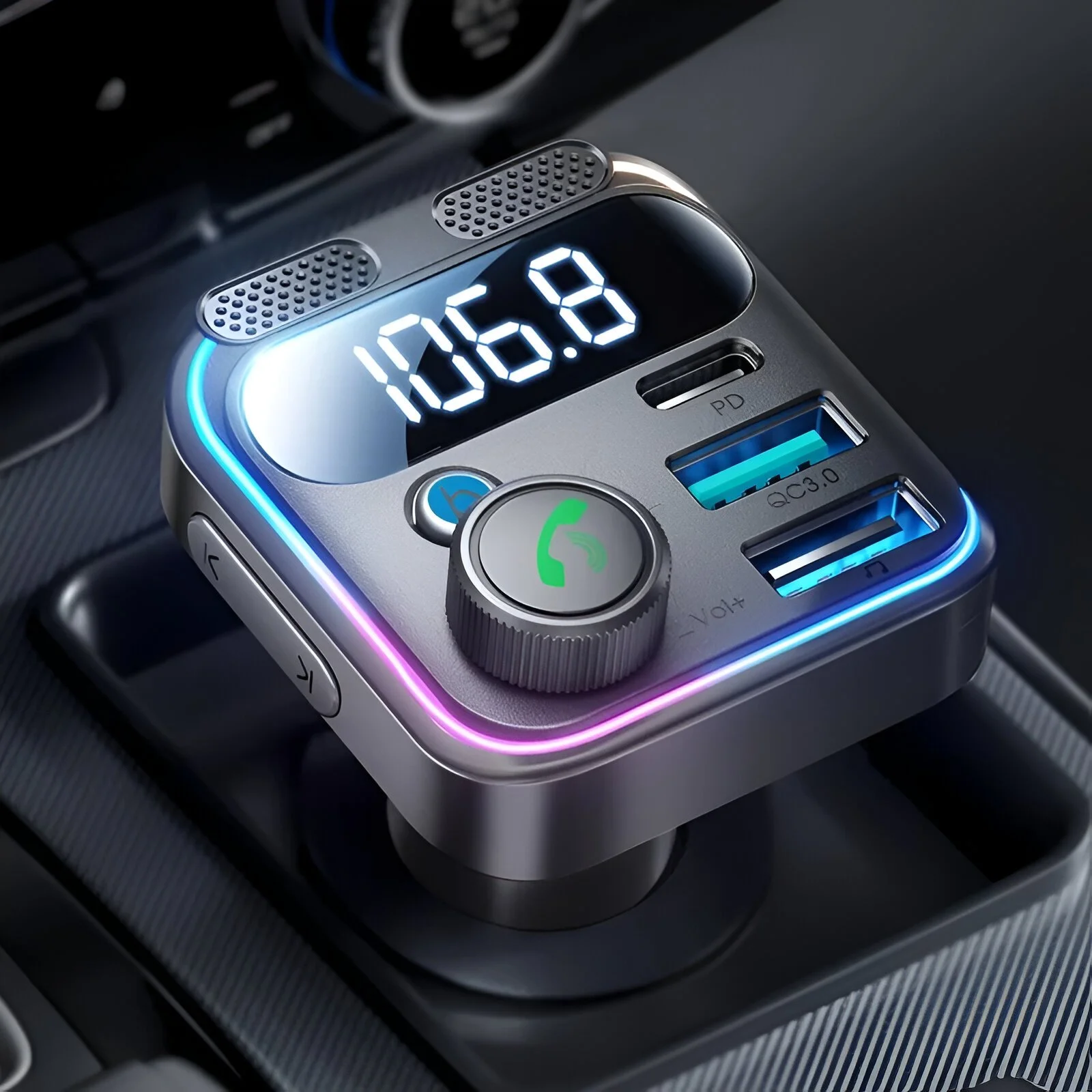 Car Bluetooth 5.3 FM Transmitter with 48W Fast Charging & Hands-Free Calling