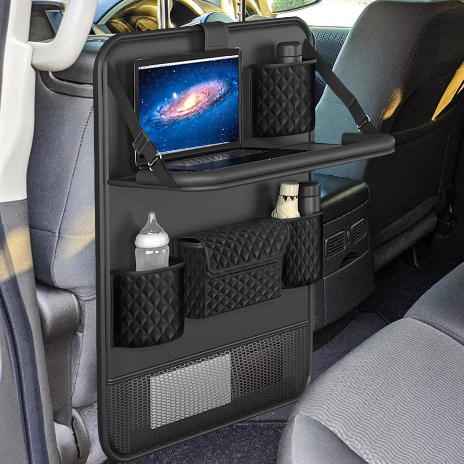 Waterproof Leather Car Backseat Organizer with Foldable Tray Table