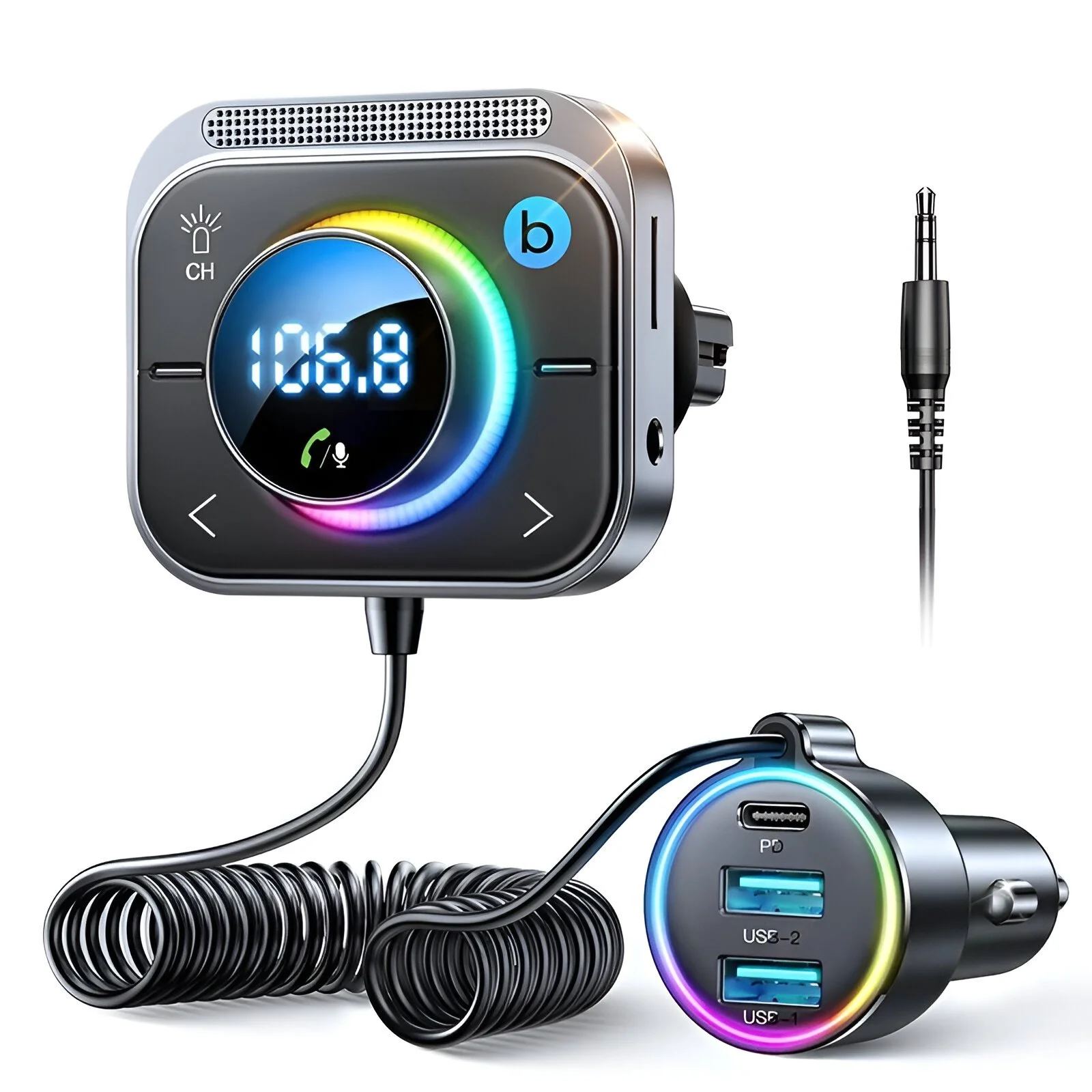Bluetooth 5.3 FM Transmitter Car Adapter with AUX, Bass Boost & 3-Port Fast Charging