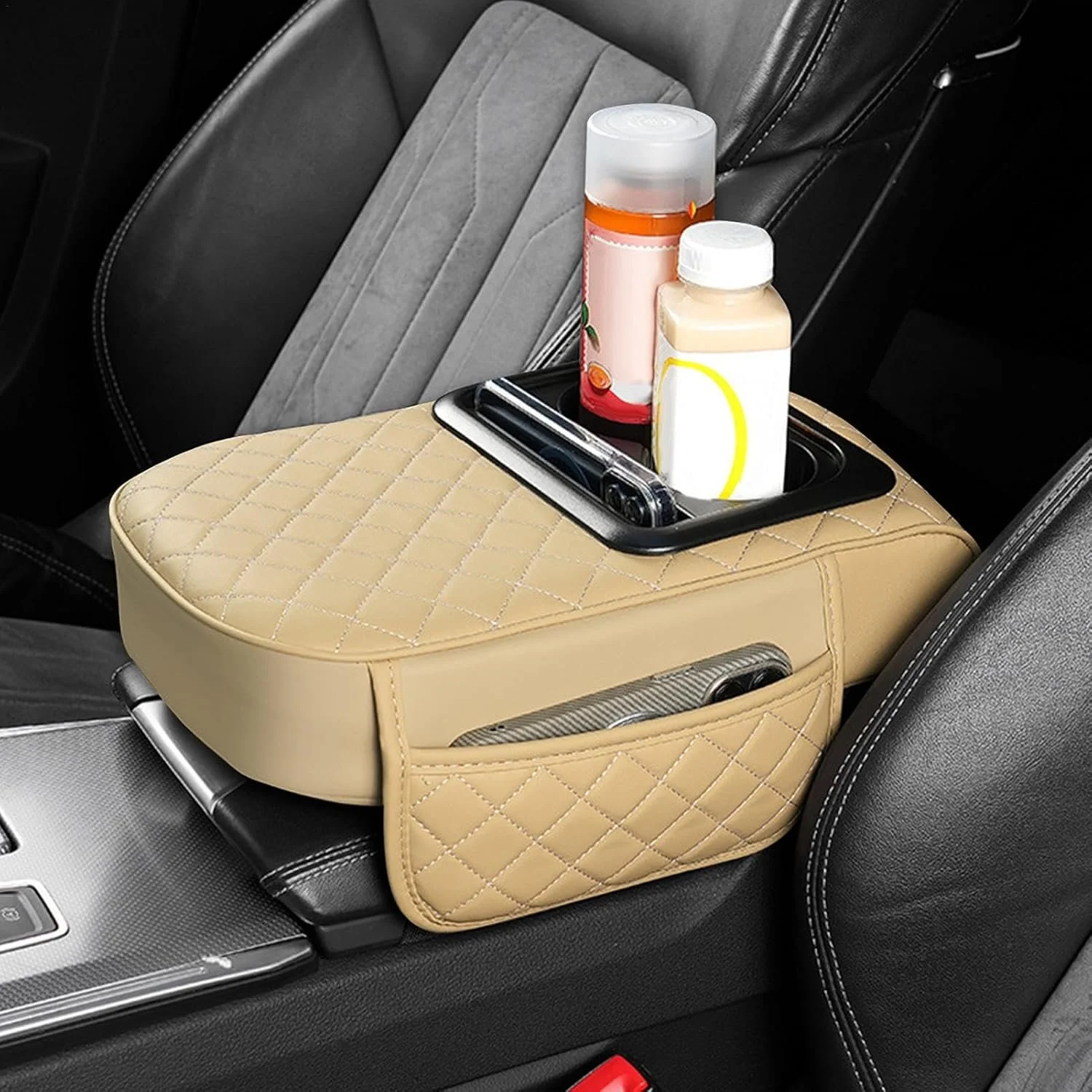 Car Armrest Cushion with Dual Cup Holders and Storage Pocket