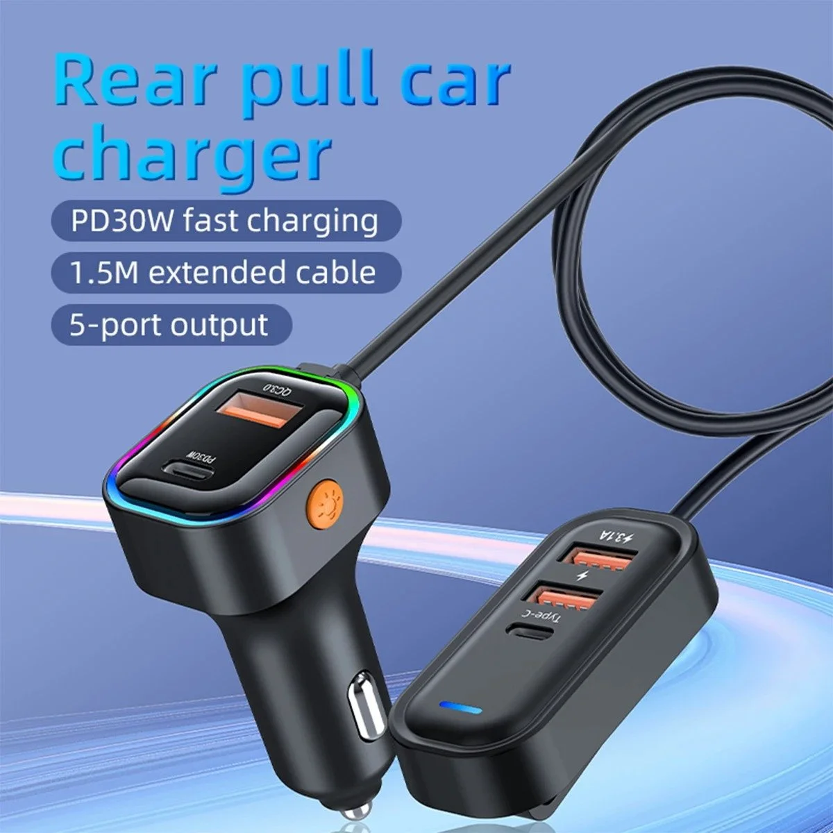 30W 5-Port Car Charger with USB & Type-C Fast Charging Adapter