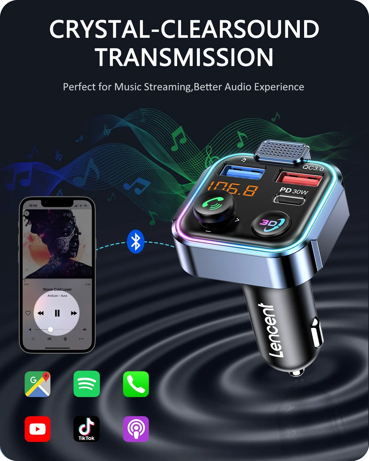 Bluetooth 5.3 FM Transmitter with 48W PD+QC3.0 Fast Charging & LED Lights