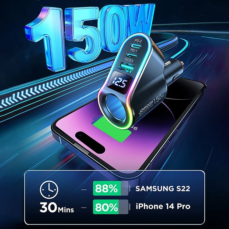 150W 4-Socket Car Charger with USB PD3.0 & QC3.0 Fast Charging Adapter