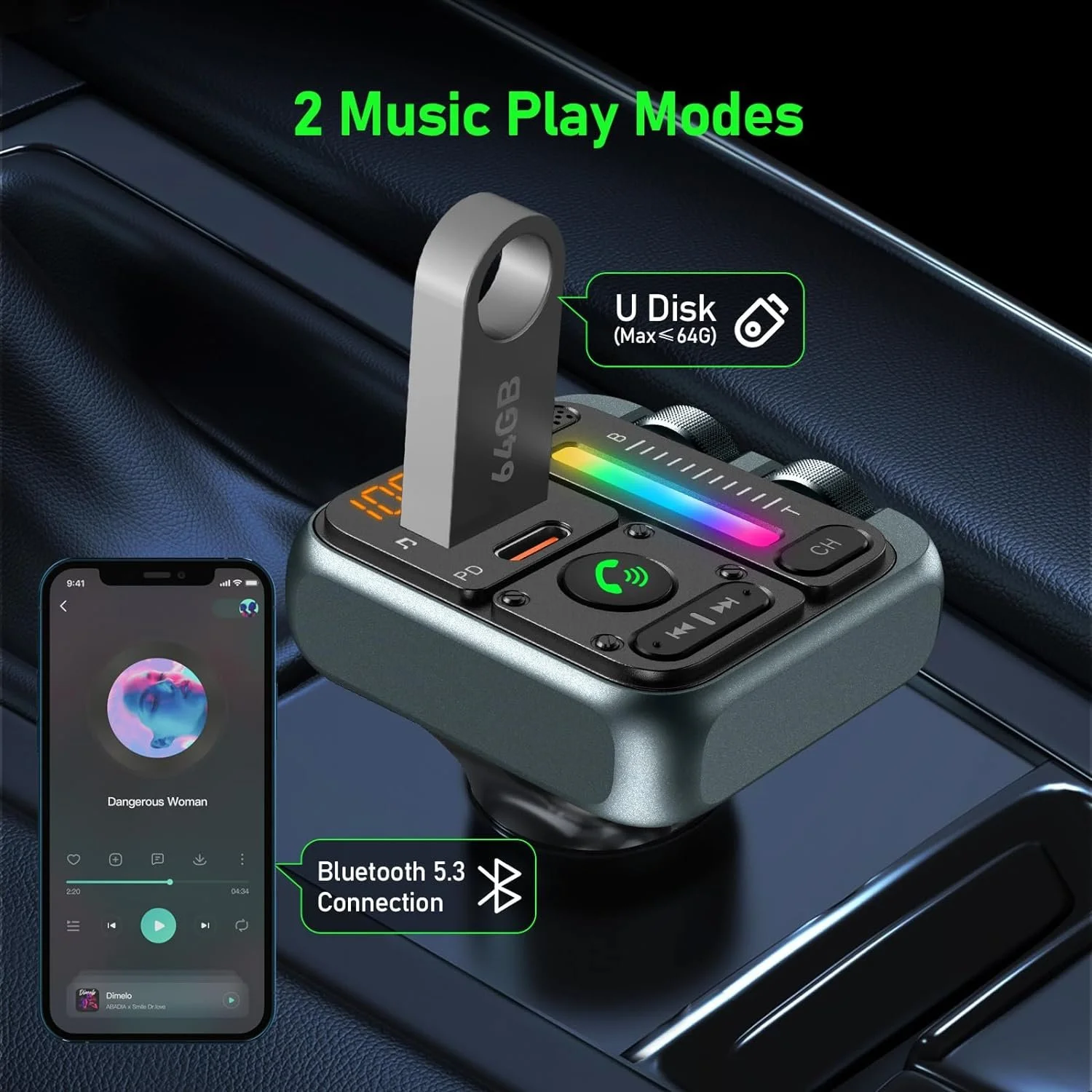 Bluetooth 5.3 FM Transmitter Car Adapter with Handsfree Calling & 57W Fast Charging