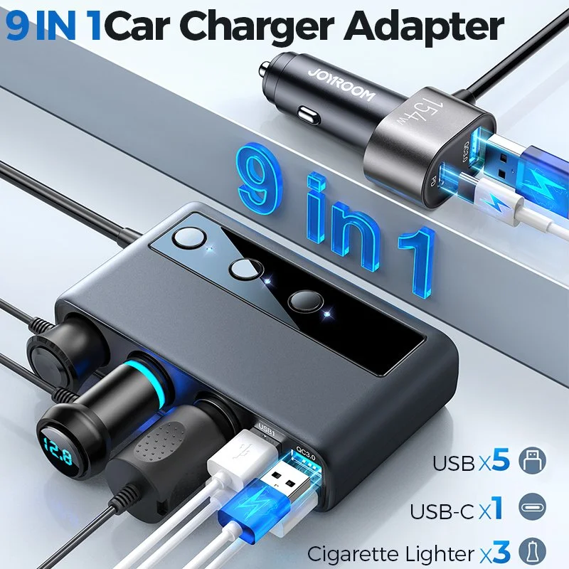 154W 9-in-1 Multi-Port Car Charger Adapter with 3 Sockets & USB Fast Charging