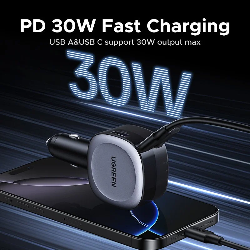 75W Fast Car Charger with Retractable Cable – Dual Port USB-C & A