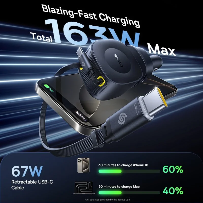 100W Dual USB-C Car Charger with Retractable Cables & 4-Port 450° Swivel Design