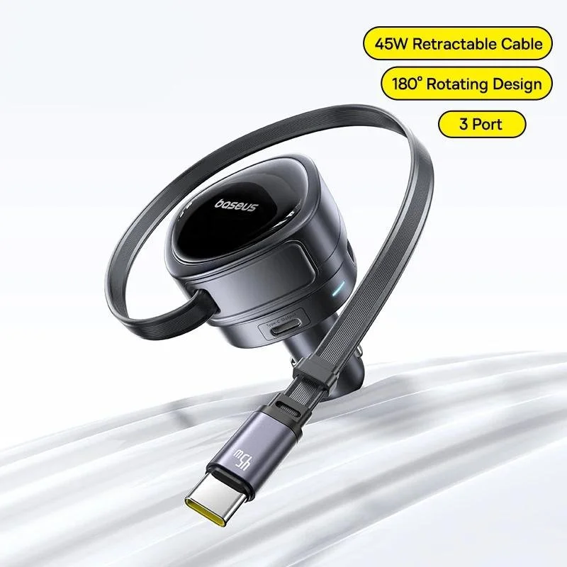 60W Car Charger with Retractable Cable, 3-Port Fast Charging, 180° Rotation