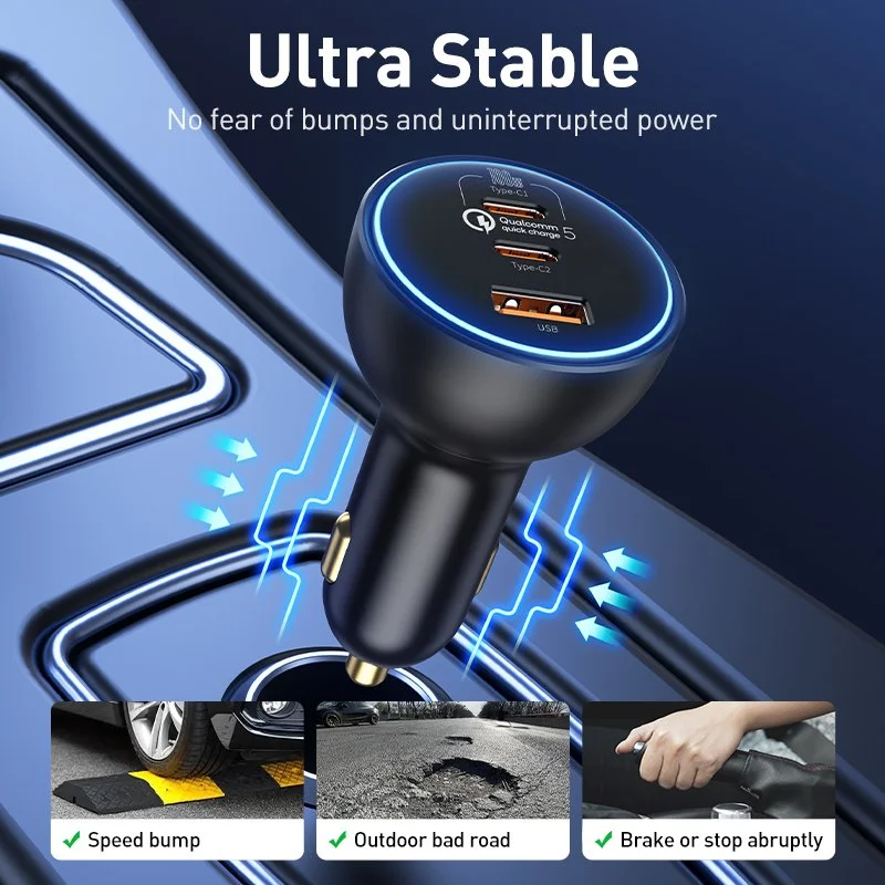 160W Fast Car Charger QC 5.0 PD3.0 USB-C for iPhone, Laptops, Android