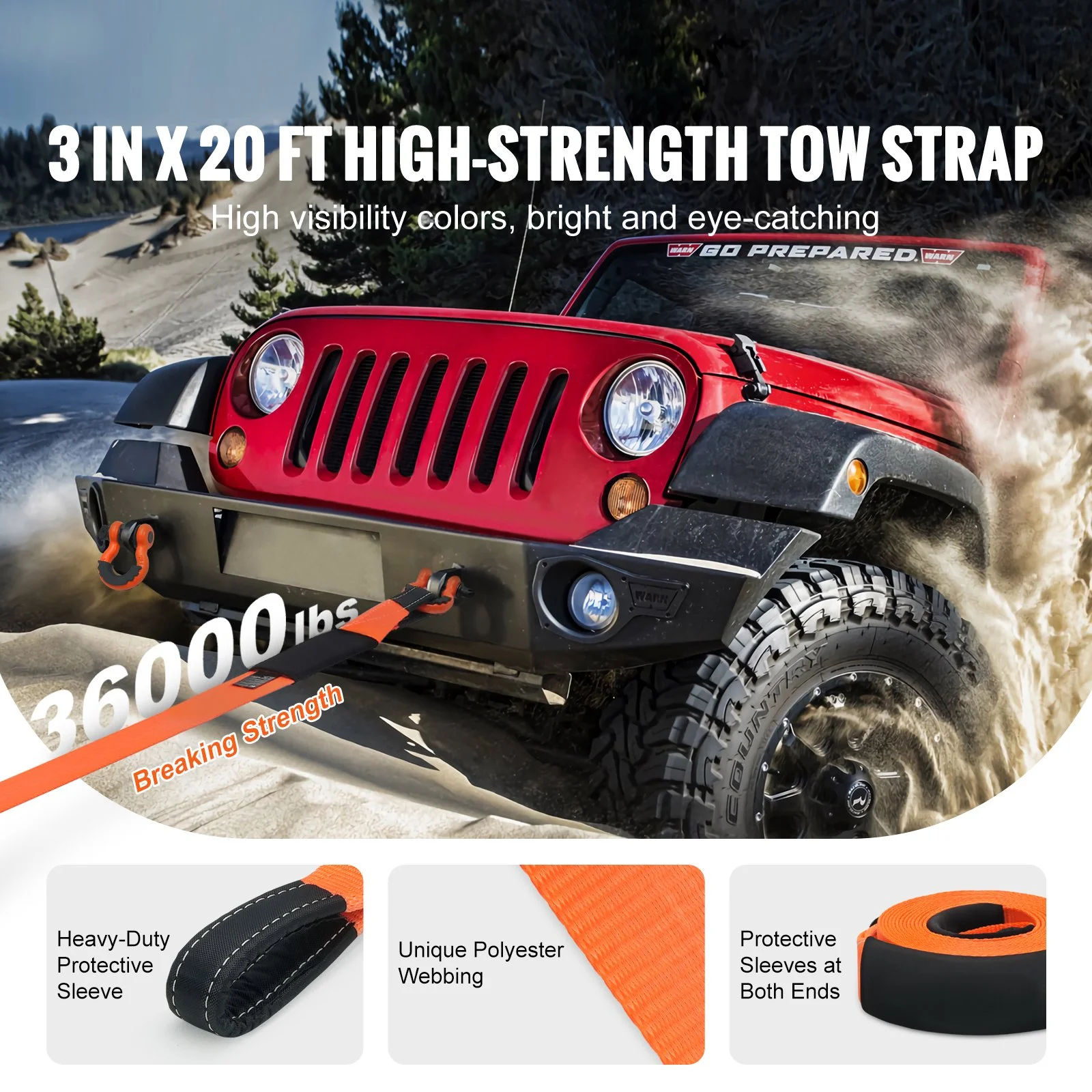 High-Strength Polyester Tow Strap Recovery Kit – 36,000 lbs Capacity