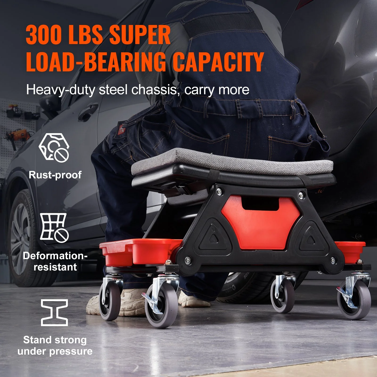 Heavy Duty Rolling Mechanic Seat with Tool Trays & Drawer – 300 LBS Capacity, Ideal for Garage & Automotive Work