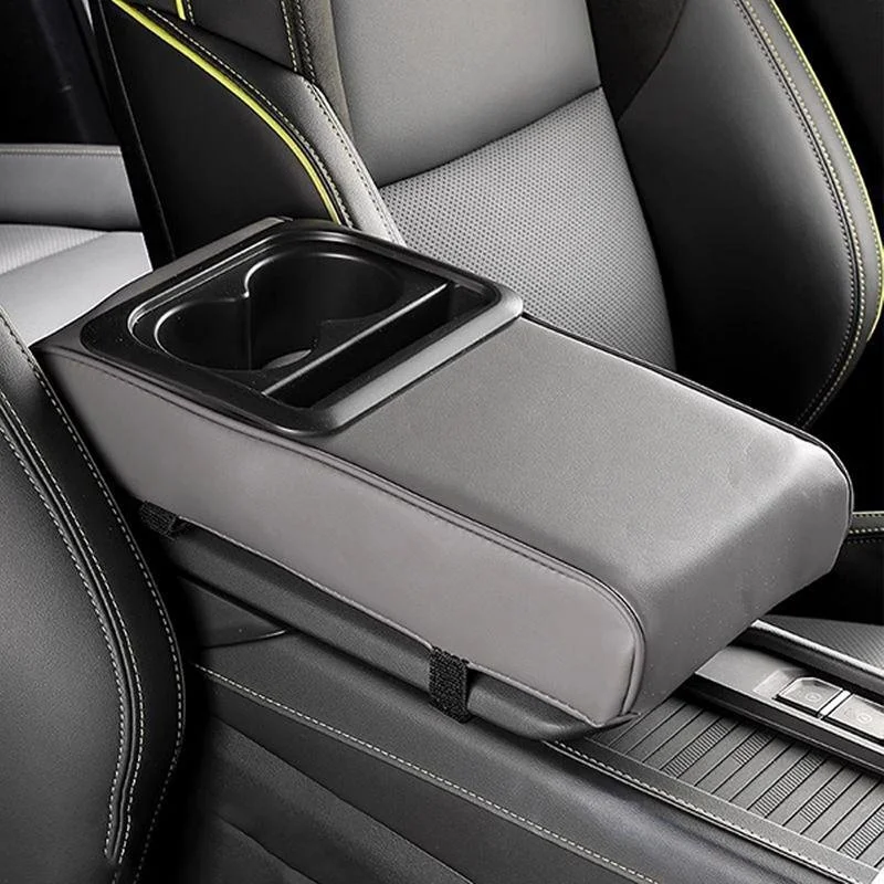 Universal Car Armrest Storage Box with Cup Holder & Pillow Pad – Leather