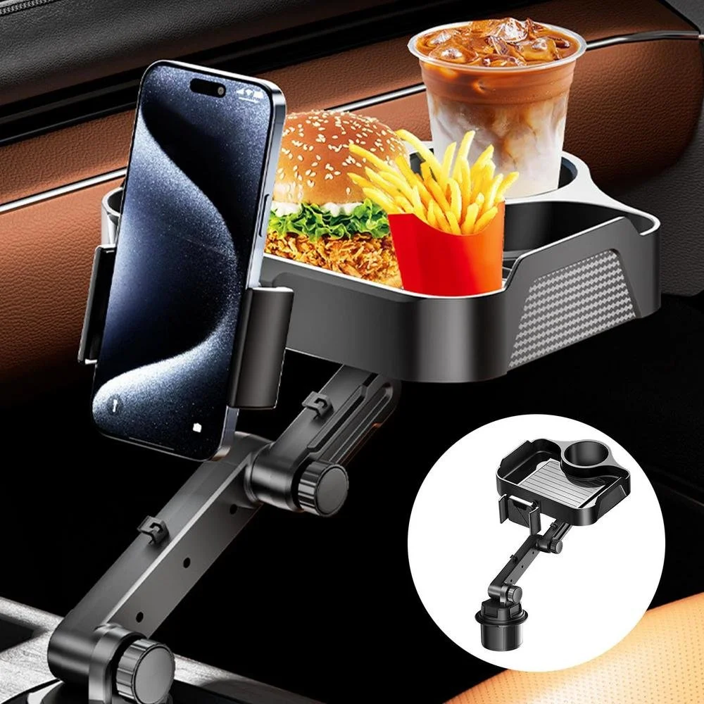 Adjustable Car Cup Holder Tray with Expander and Large Snack Plate