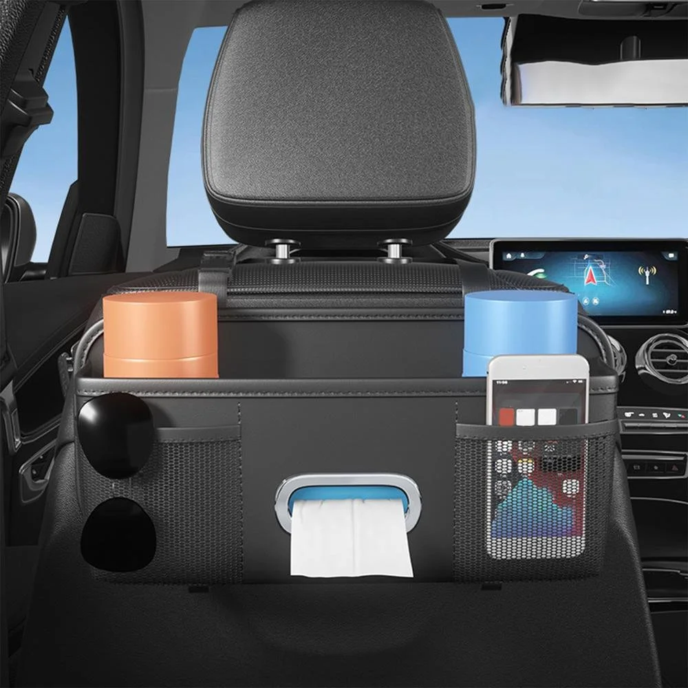 Luxury Leather Car Seat Back Organizer with Cup Holder & Trash Bag