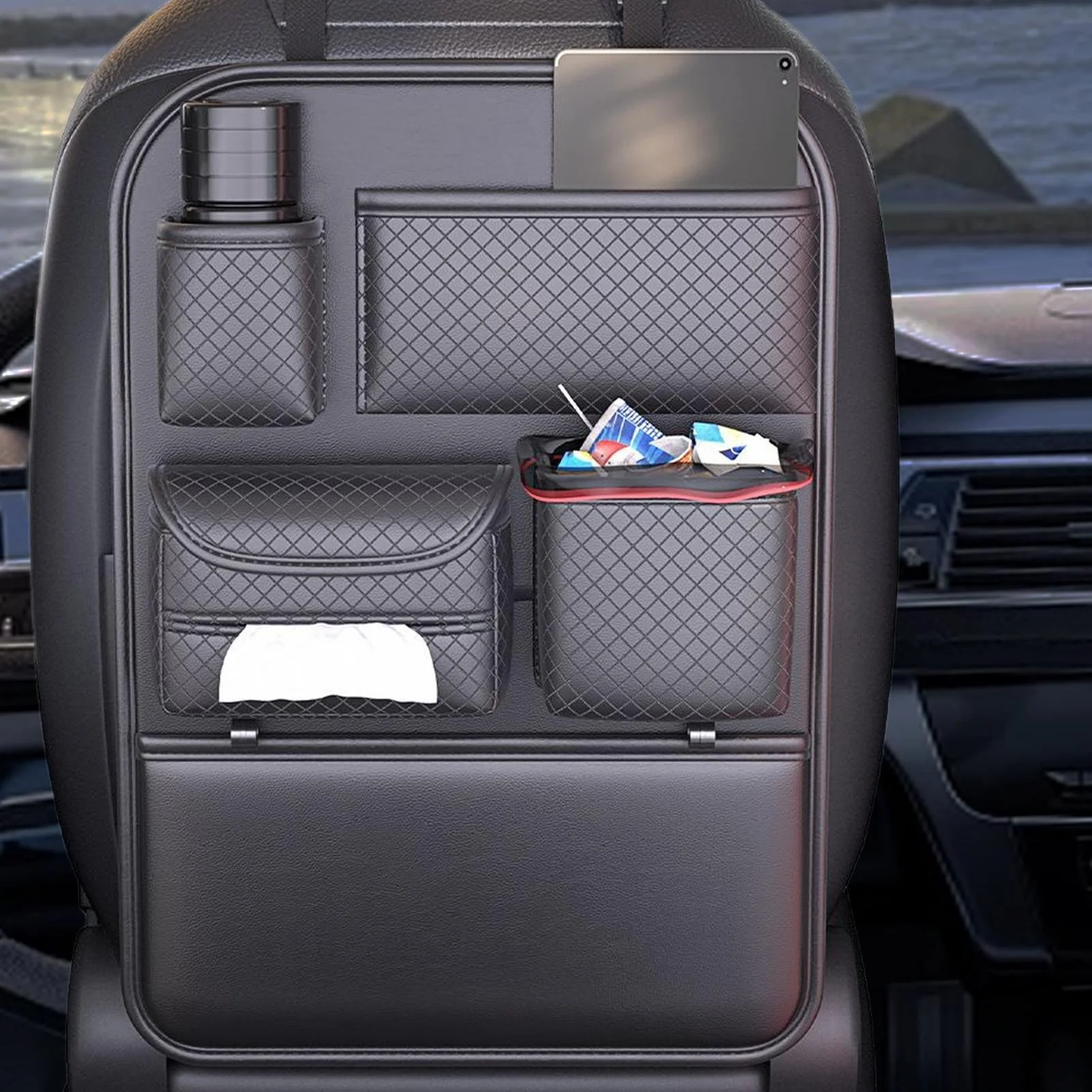 Back Seat Car Organizer – Adjustable Storage Pockets for Water Bottles, Sunglasses, & More