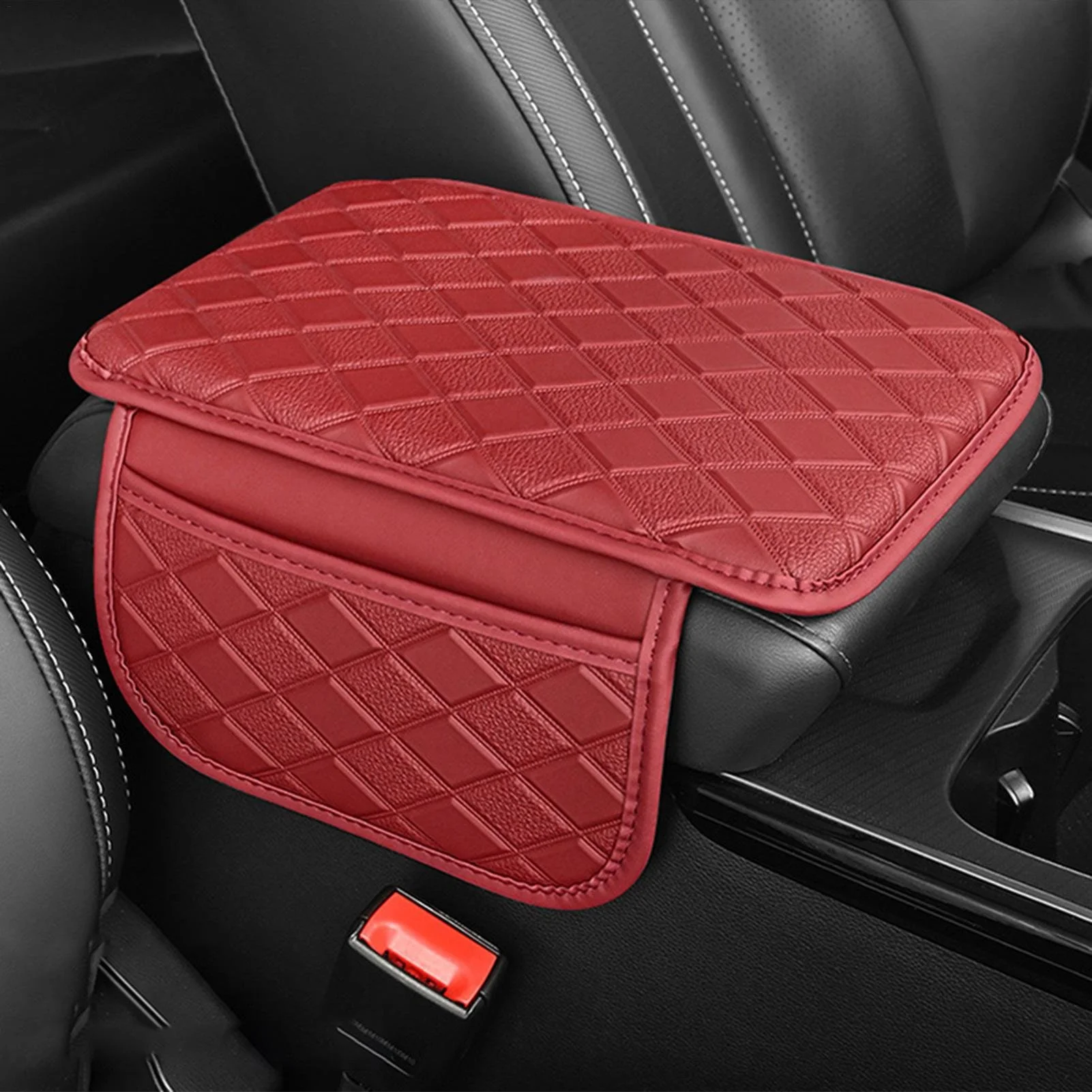 Car Center Console Cover with Armrest Cushion and Storage Pockets – Leather Armrest Protector