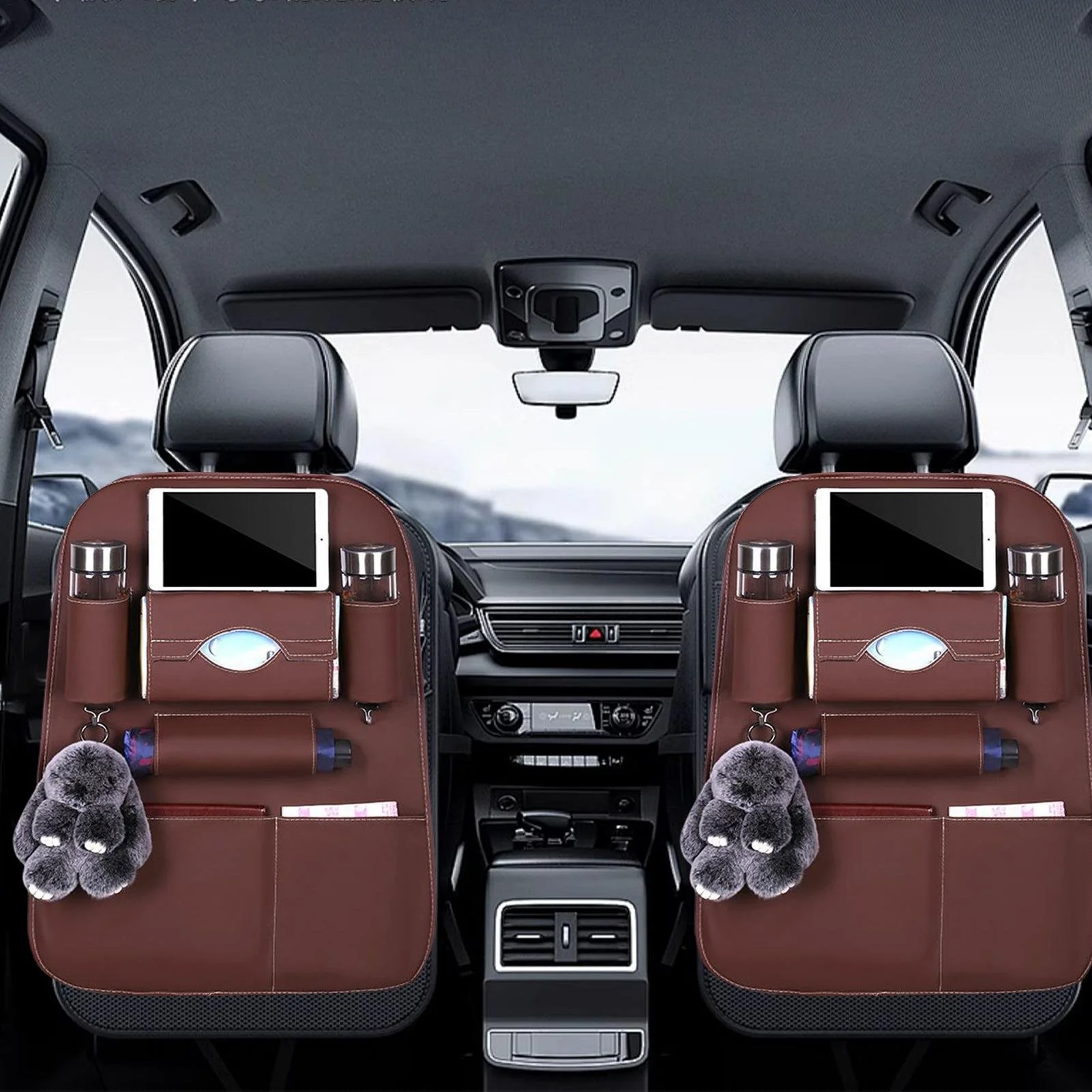PU Leather Car Backseat Organizer with Kick Mat & Storage Pockets