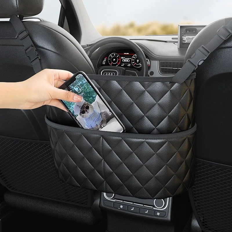Upgraded Car Seat Back Organizer with Double-Layer Mesh & Leather Pocket