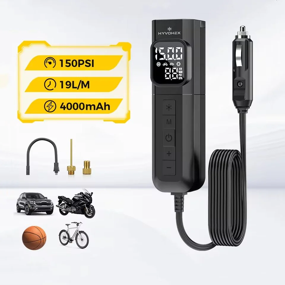 Portable Wired Tire Inflator Pump – 150 PSI, Fast Inflation, 100% Duty Cycle