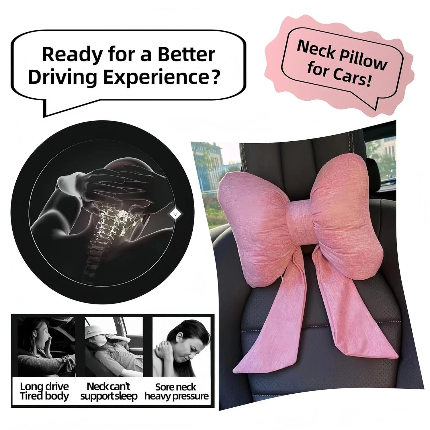 Pink Bow Car Neck Pillow – Cute & Comfy Headrest Cushion for All Seasons