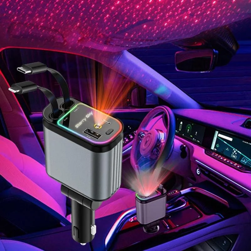 4-in-1 Retractable Car Charger with Starry Sky Light & Dual Charging Ports