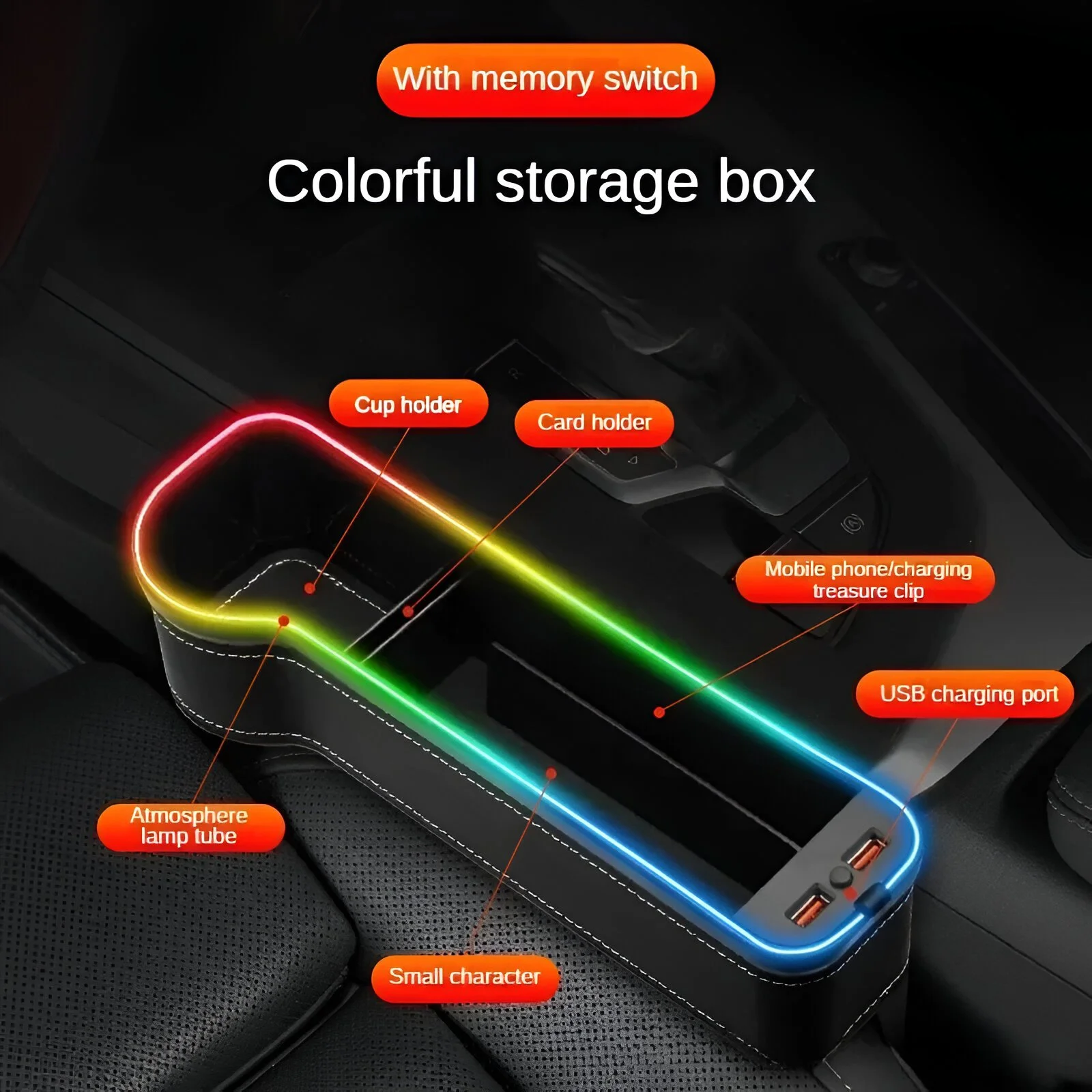 Car Seat Gap Organizer with USB Charging & 7-Color LED Light
