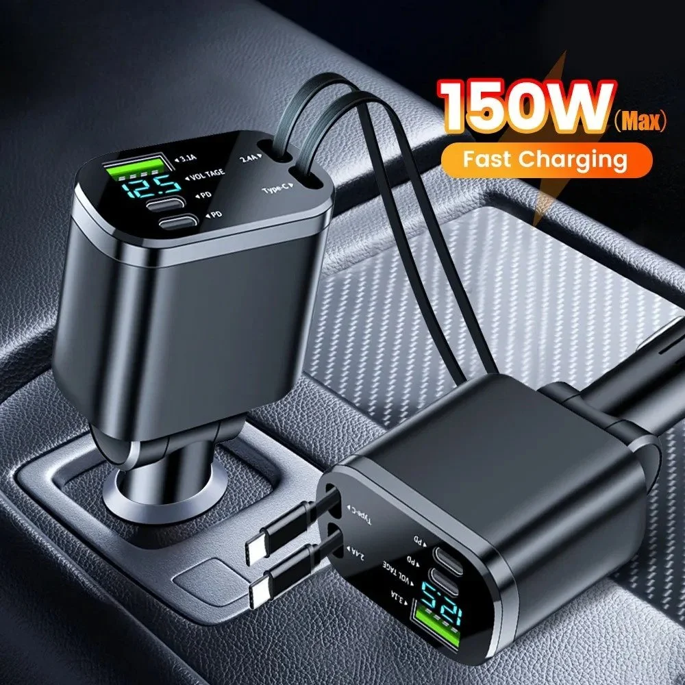 5-in-1 Retractable Car Charger with USB & Type-C Ports, Fast Charging Adapter