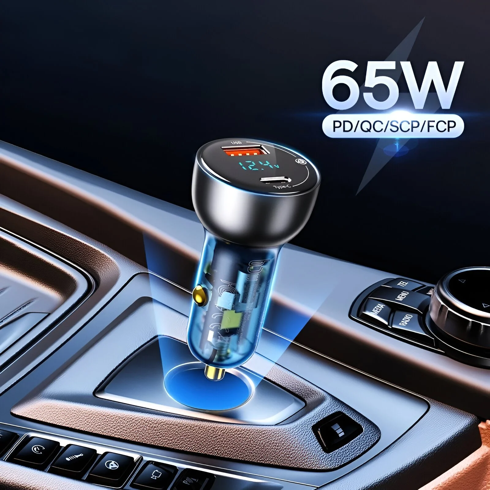 65W Dual Port USB-C Car Charger