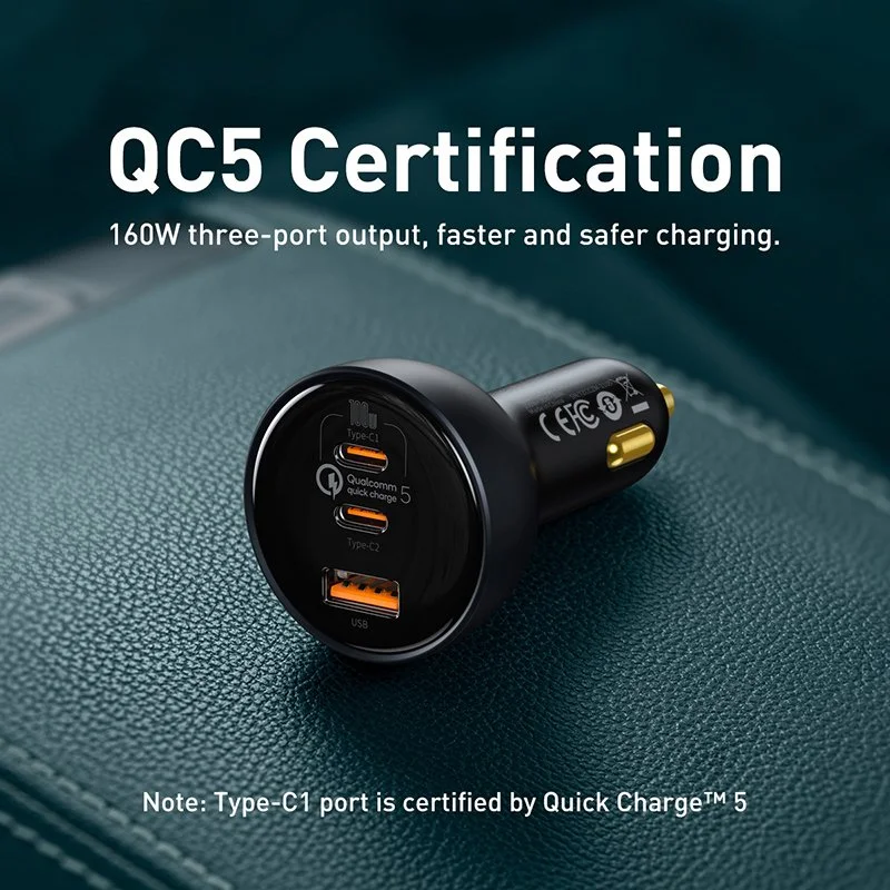 160W Quick Charge 5.0 Multi-Port Car Charger with Dual Type-C & USB Fast Charging