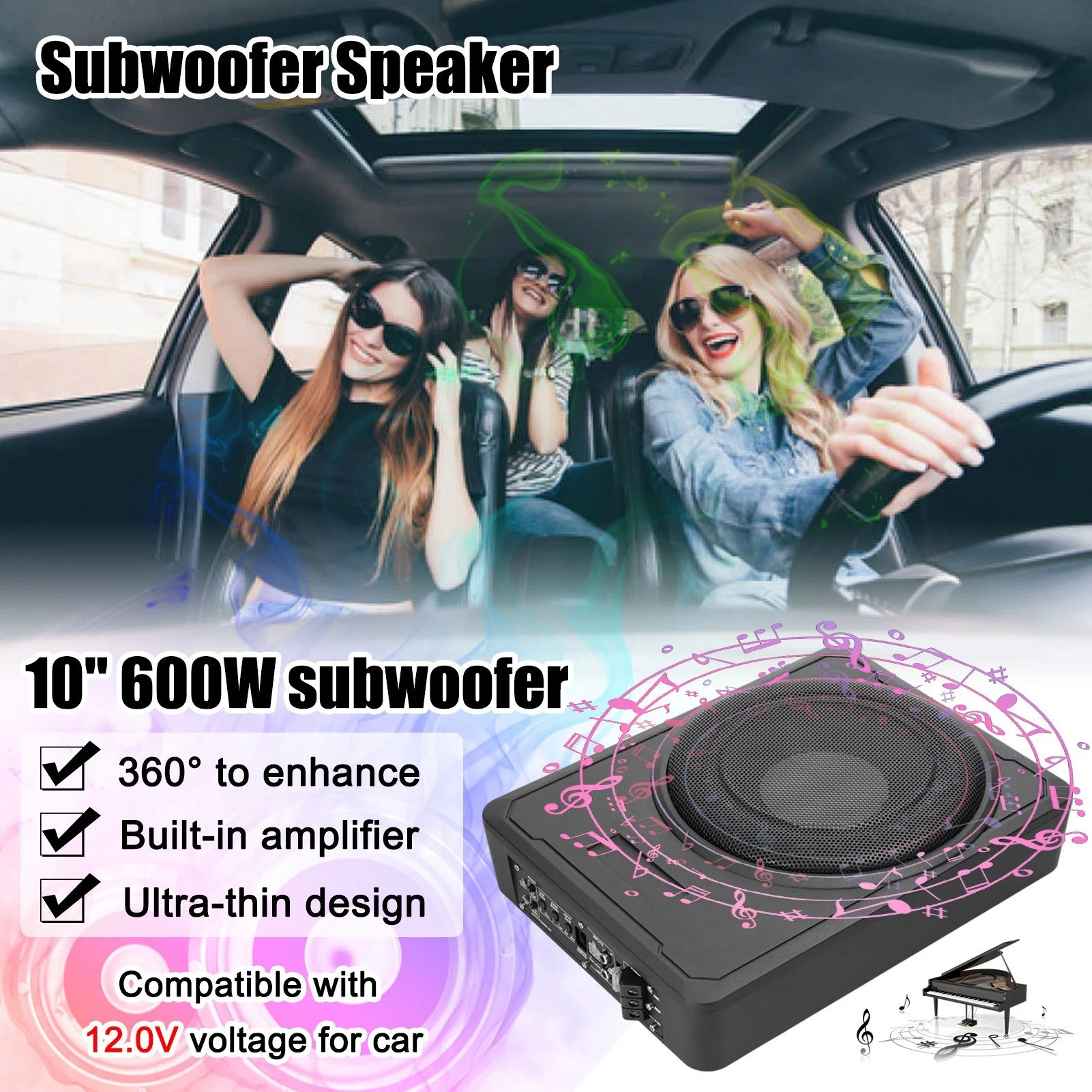 10" 800W Slim Car Subwoofer with Built-in Amp