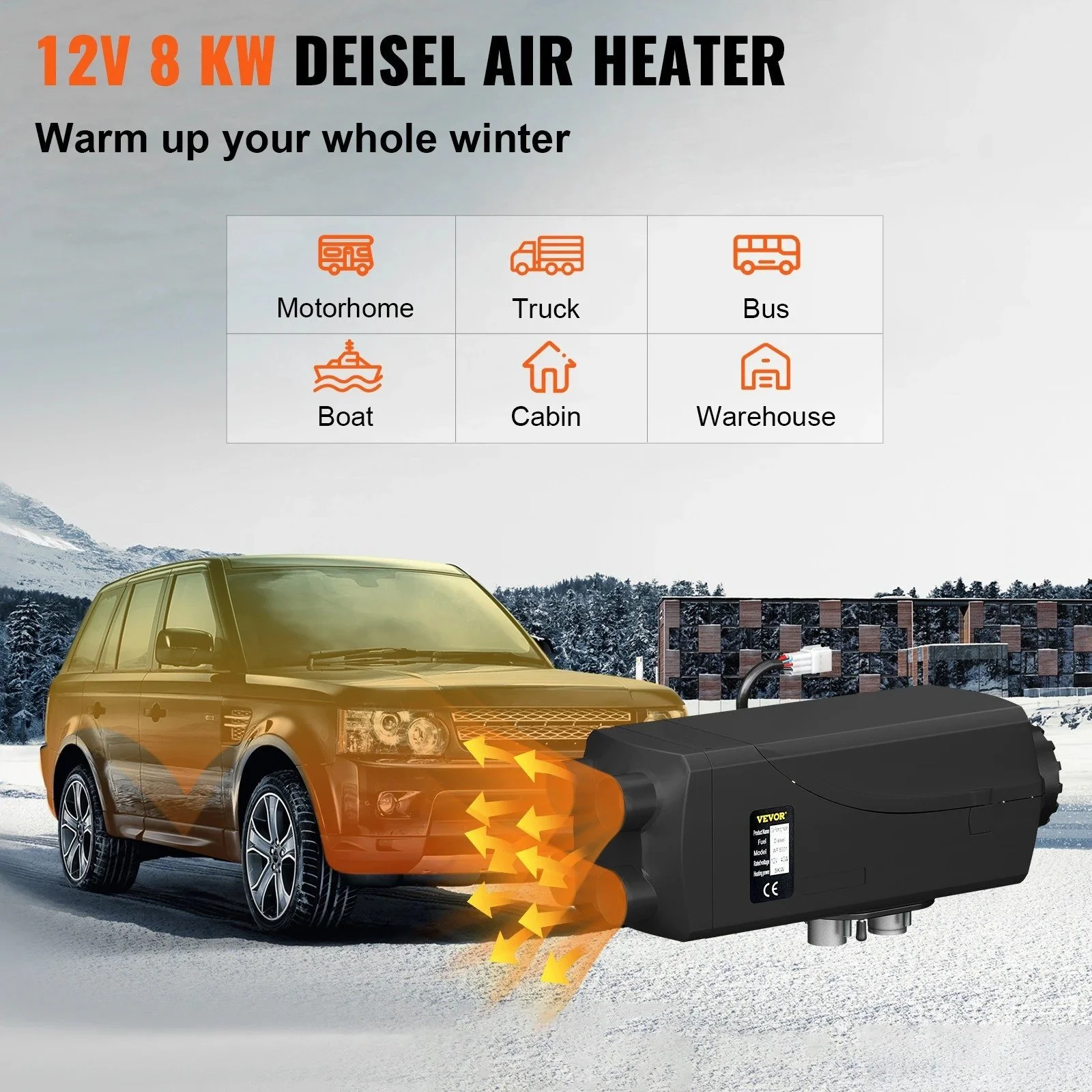 8KW 12V Diesel Air Heater with LCD Control, Silencer & 2.6 Gal Fuel Tank