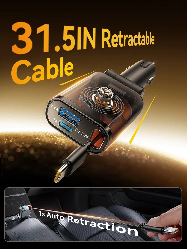 Ultra-Slim 57W Retractable USB-C Car Charger with Fast Charging & 3-in-1 Cables