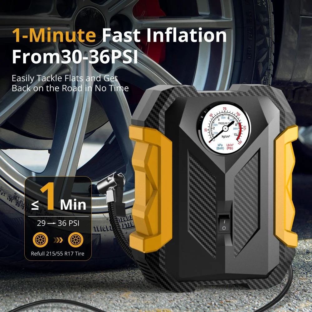 12V Portable Car Tire Inflator with Bright LED Light & Cigarette Lighter Plug