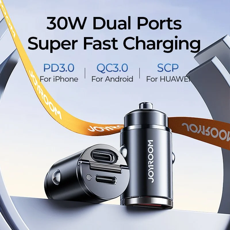 30W Dual USB-C Car Charger with Pull Ring & Fast Charging for All Devices