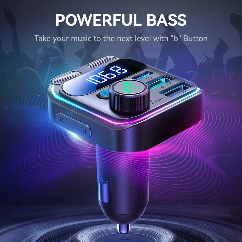 Bluetooth 5.3 FM Transmitter Car Adapter with 48W Fast Charging & Dual Mics