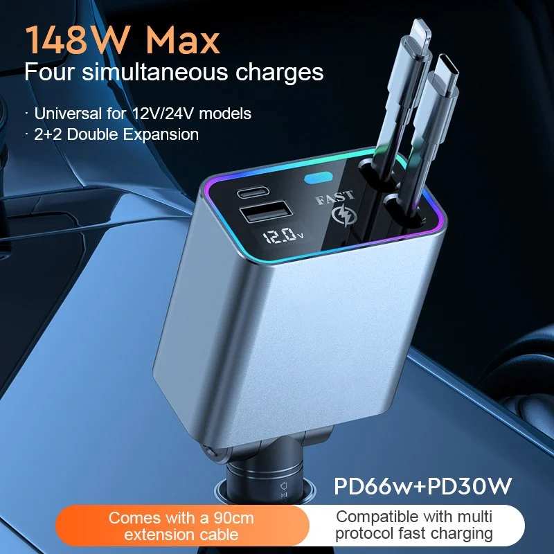 4-in-1 184W Fast Car Charger with Retractable USB-C & USB for iPhone & Android