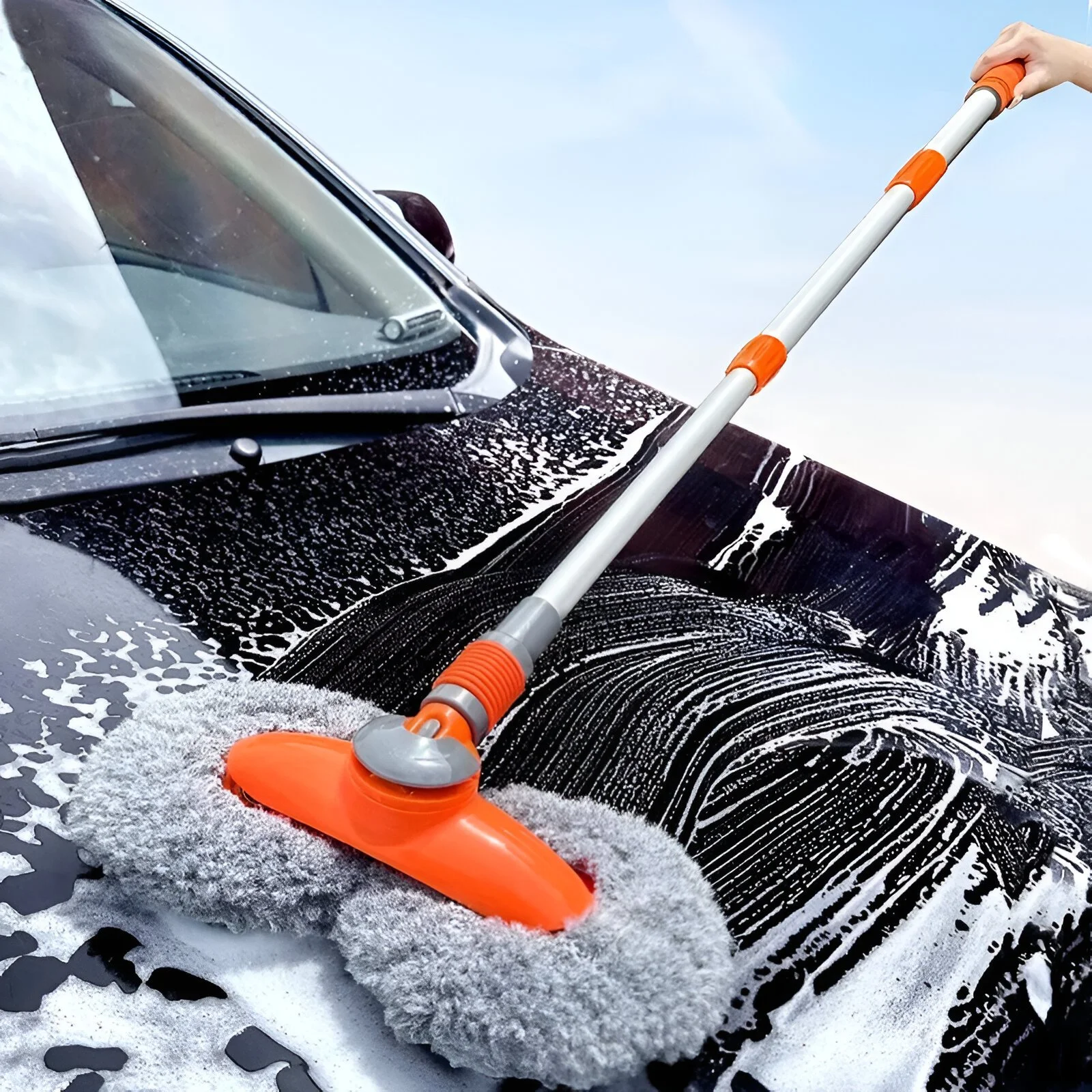 Telescopic Rotating Car Wash Mop with Double Brush Head & 360° Swivel Handle