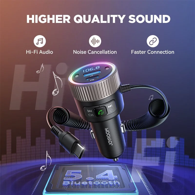 60W Bluetooth 5.4 FM Transmitter Car Charger with Dual Mics & PD Fast Charging