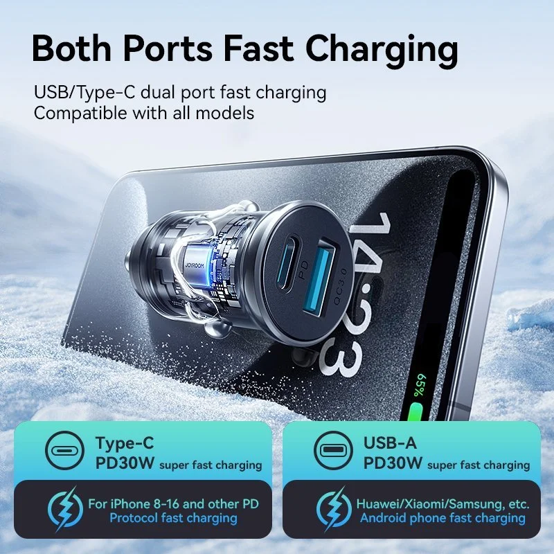 30W Dual Port Mini Car Charger USB-C & QC3.0 Fast Charging Adapter
