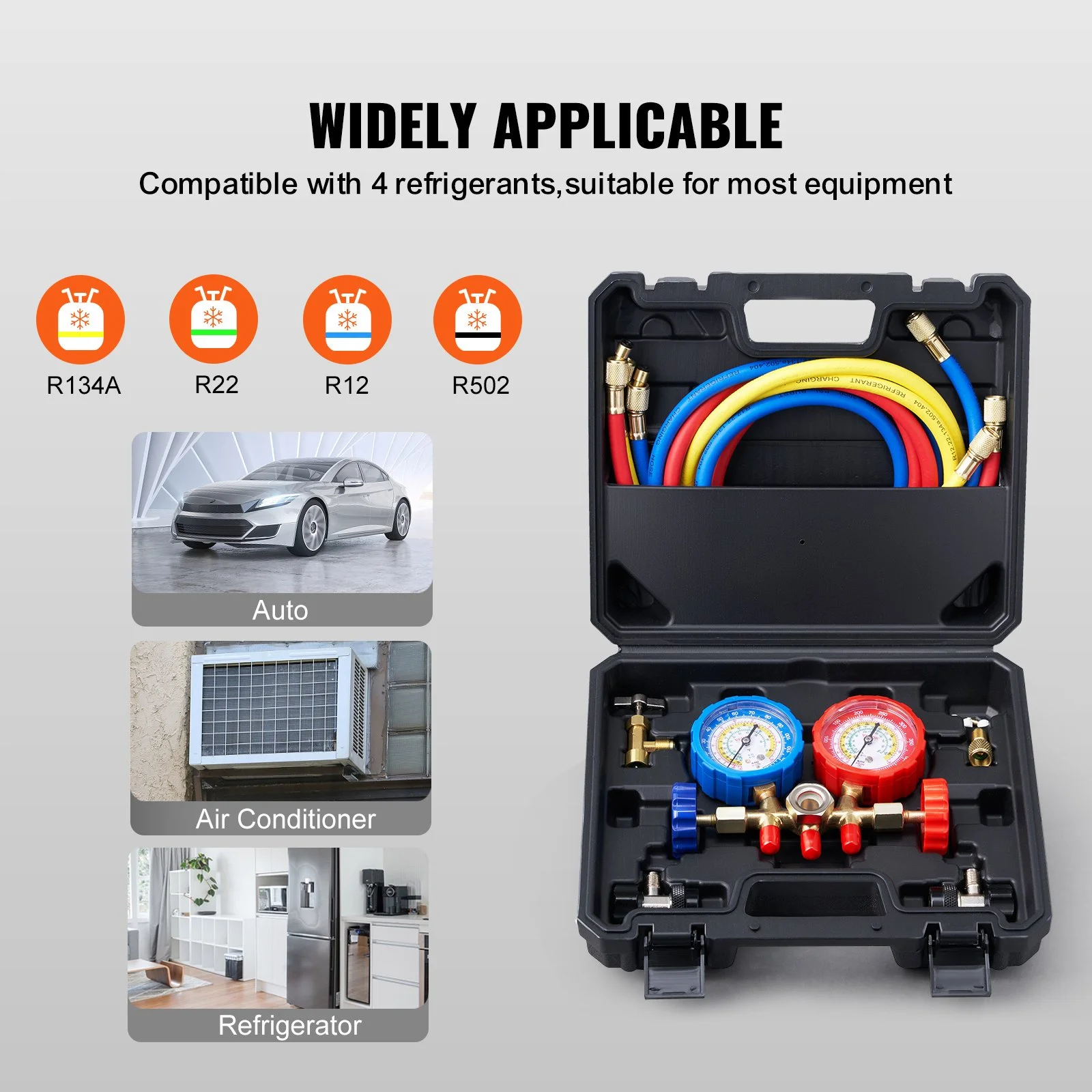 3-Way AC Manifold Gauge Set for R134A R22 R12 R502 with Hoses & Couplers